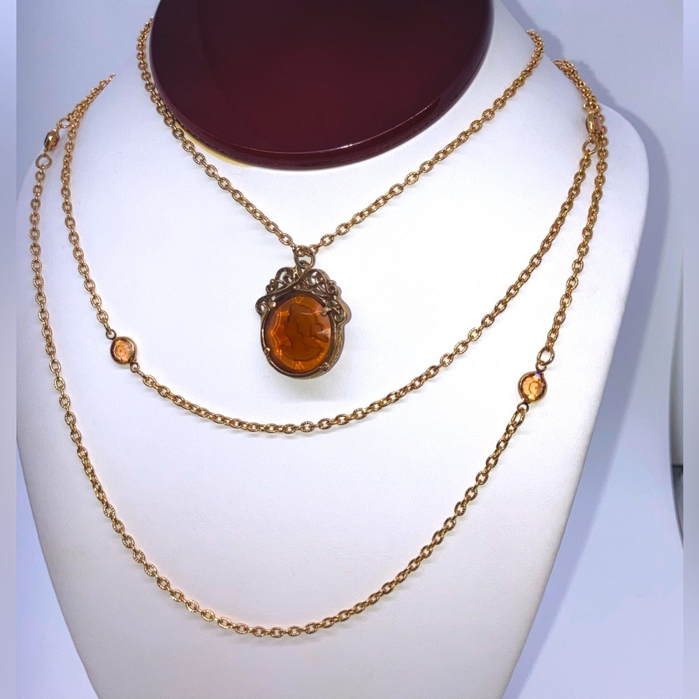Vtg Goldette Carved Glass Intaglio Pendant 3 Strand Multi Length Necklace | 29”